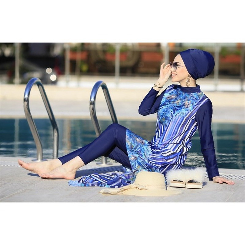 Vrouwen moslim badkleding lange mouwen sport zwemmen zwemmen togs geprinte stretch volledige dekking hijab lsdlamic burkinis slijtage badpak