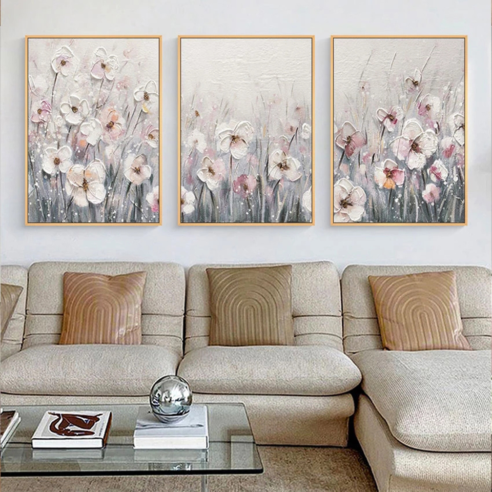 Diamond Mosaic Pink White Flowers Handmade Diy Diamond Painting Abstract Modern Wall Art Living Room Decorative Triptych