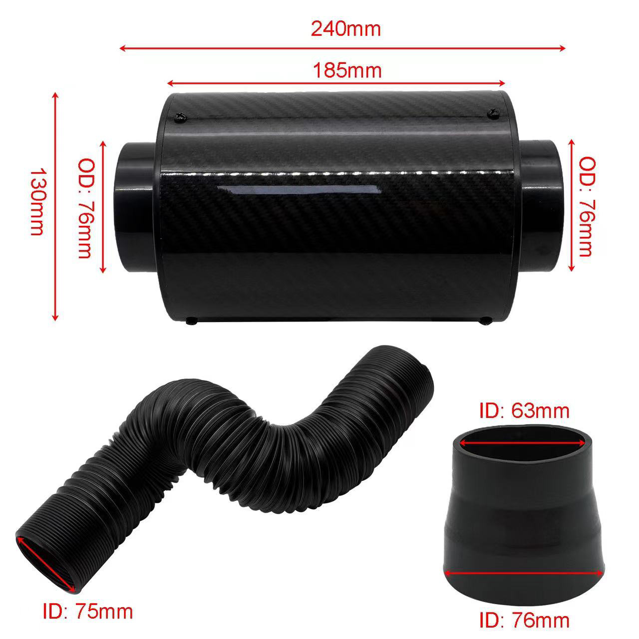 True carbon fiber intake air box set/Automotive air filter mushroom head/High flow pure carbon fiber air box for intake modification