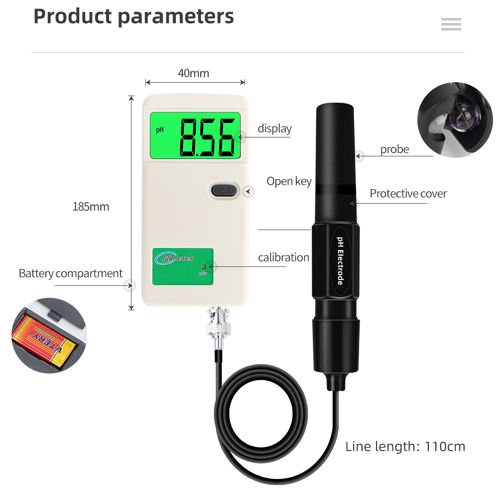 Nouvelle sonde d'électrode de pH-mètre BNC Connecteur de la qualité de l'eau Tester de pureté 0,00-14,00 ph