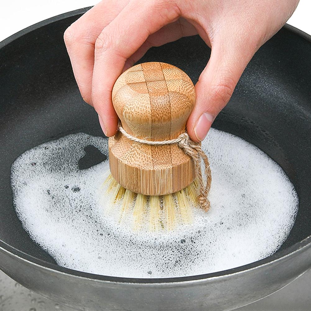 Plato redondo de bambú de madera plato de tazón estufa de lavado herramienta de limpieza de la cocina mango redondo fácil uso de herramientas de limpieza convenientes