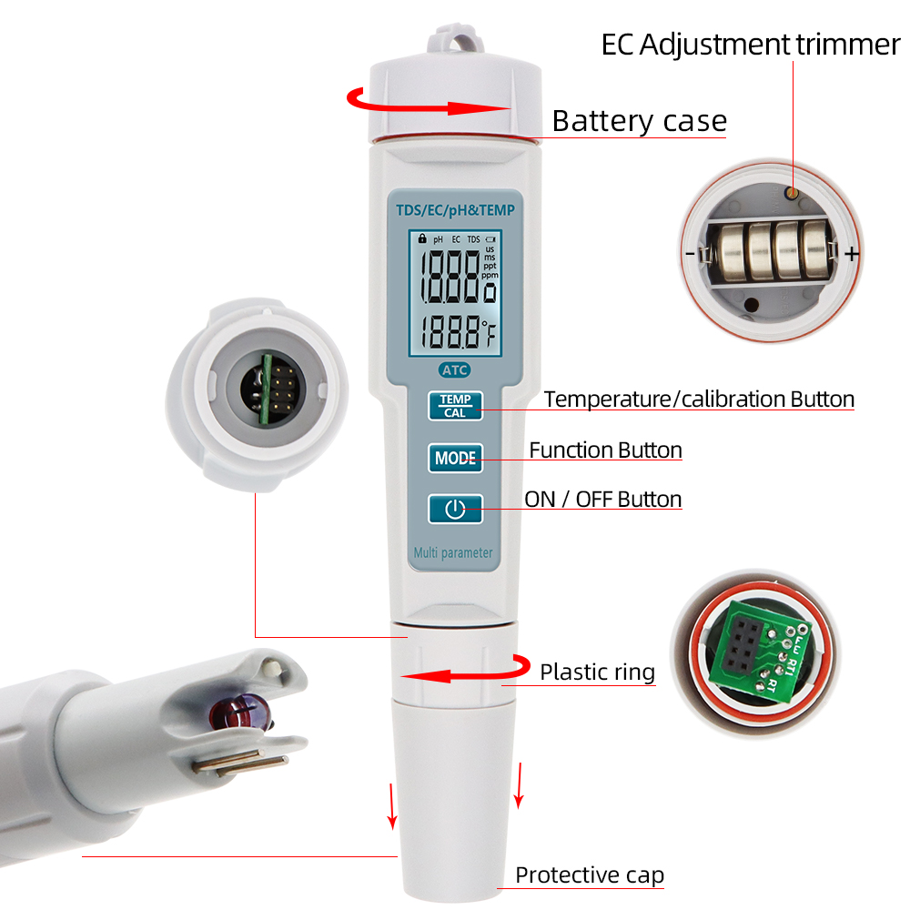 Ny 4 i 1 pH/EC/TDStemperaturmätare Vattentät pH -mätare LED Vattenkvalitet Monitor Tester PH -testare för pooler Dricksvatten