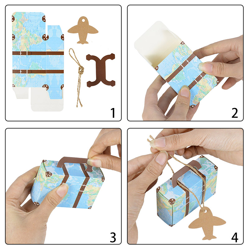 5/Flugzeug Label Karte Mini Koffer Süßigkeiten Box Weltkarte Muster DIY Hochzeits Souvenirs Reise Kit Geschenkbox Party Tischdekoration