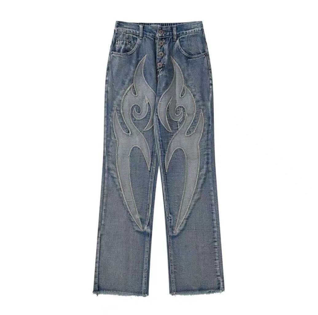 Designer Men's American Street Retro Patch Embroidery Washed Breasted Jeans Men and Women Fashion High Street Straight Loose Men and Women Raw Trousers.