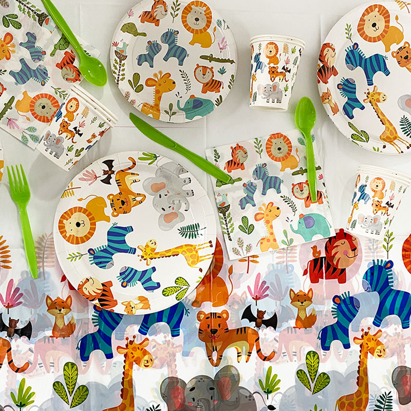 Jungle Party Animal Party Disposable Tabelware Conjunto de tabela 1ª Decoração de festa infantil Kids Green Forest Jungle Safari Supplies de festa temática