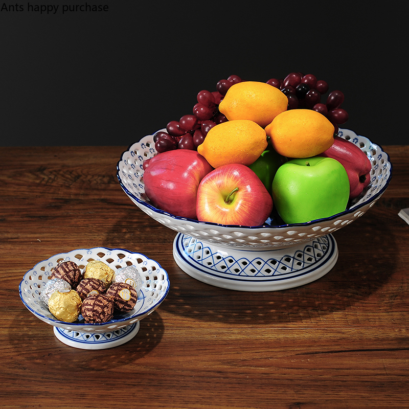 Lotus Blue et blanc Porcelaine Fruit Assiette creux High-leg Plate en céramique Fruit Plat Bol Bowl Snack Tray