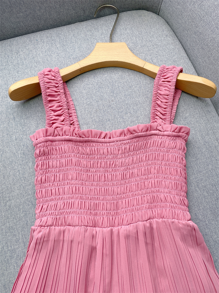 Frühlings Sommer rosa Festkleidung Faltenkleid Spaghetti -Gurt Quadrathals gekräuselt Midi Casual Kleider J4A09B153