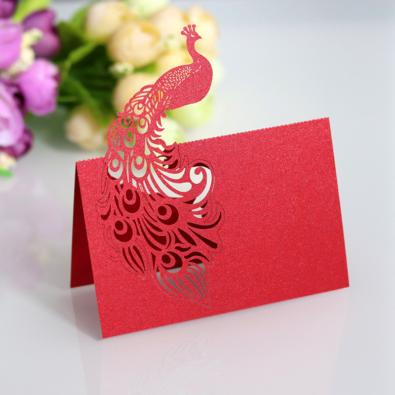 Peacock Laser Cut Table Name Place Cards Pearlescent Lace Favor Message Setting Card Wedding Favor Birthday Party Supplies