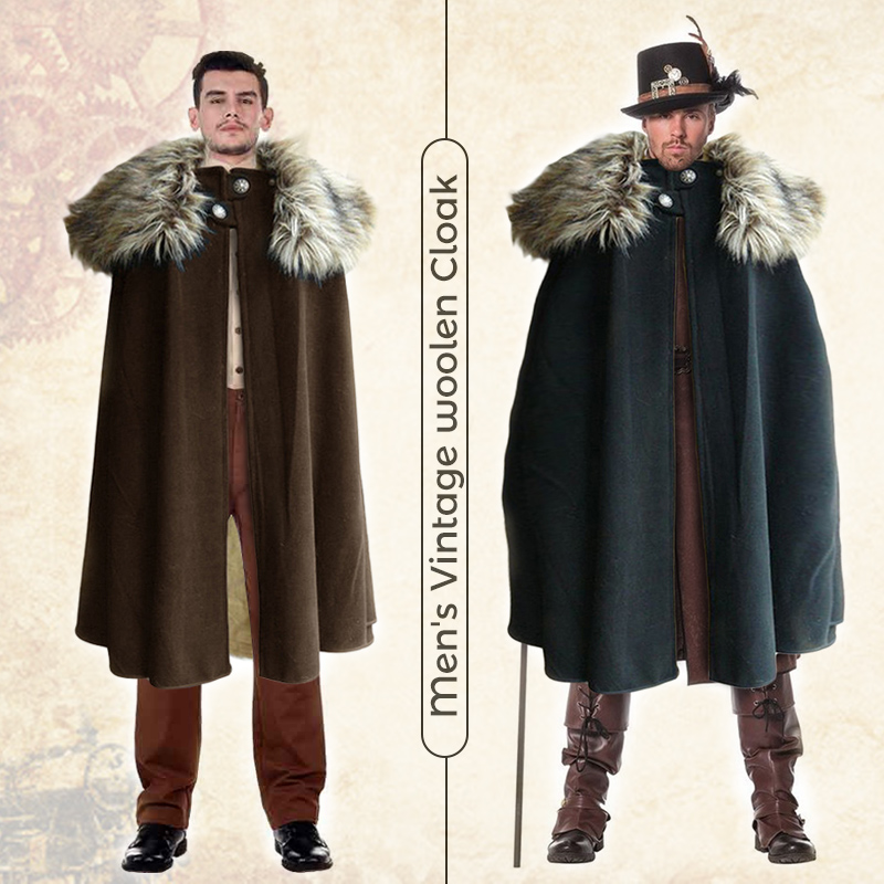 Medieval Viking Renaissance Men Pirate Coat Cloak Fur collar Cape Retro Cosplay Cape Costume Woolen blended Trench Windbreakers