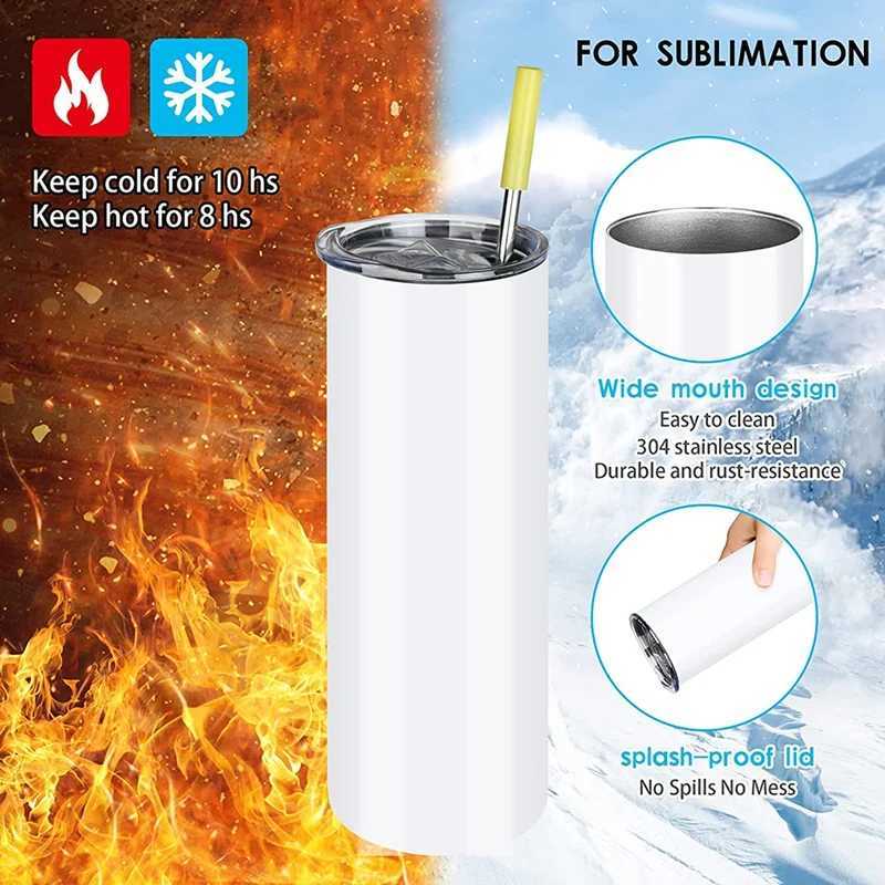 Kubki sublimacja Tubllers20 Oz Prosty stal nierdzewna pusta chuda kubek z pokrywką i metalową słomką - White 4 -Pack Cnim Hot 240410