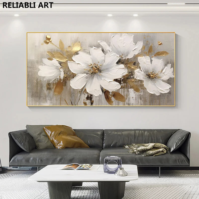 Pintura a óleo de flores douradas em pôster, telas impressa a arte da parede, pintura floral branca abstrata, decoração da sala, decoração de casa sem moldura