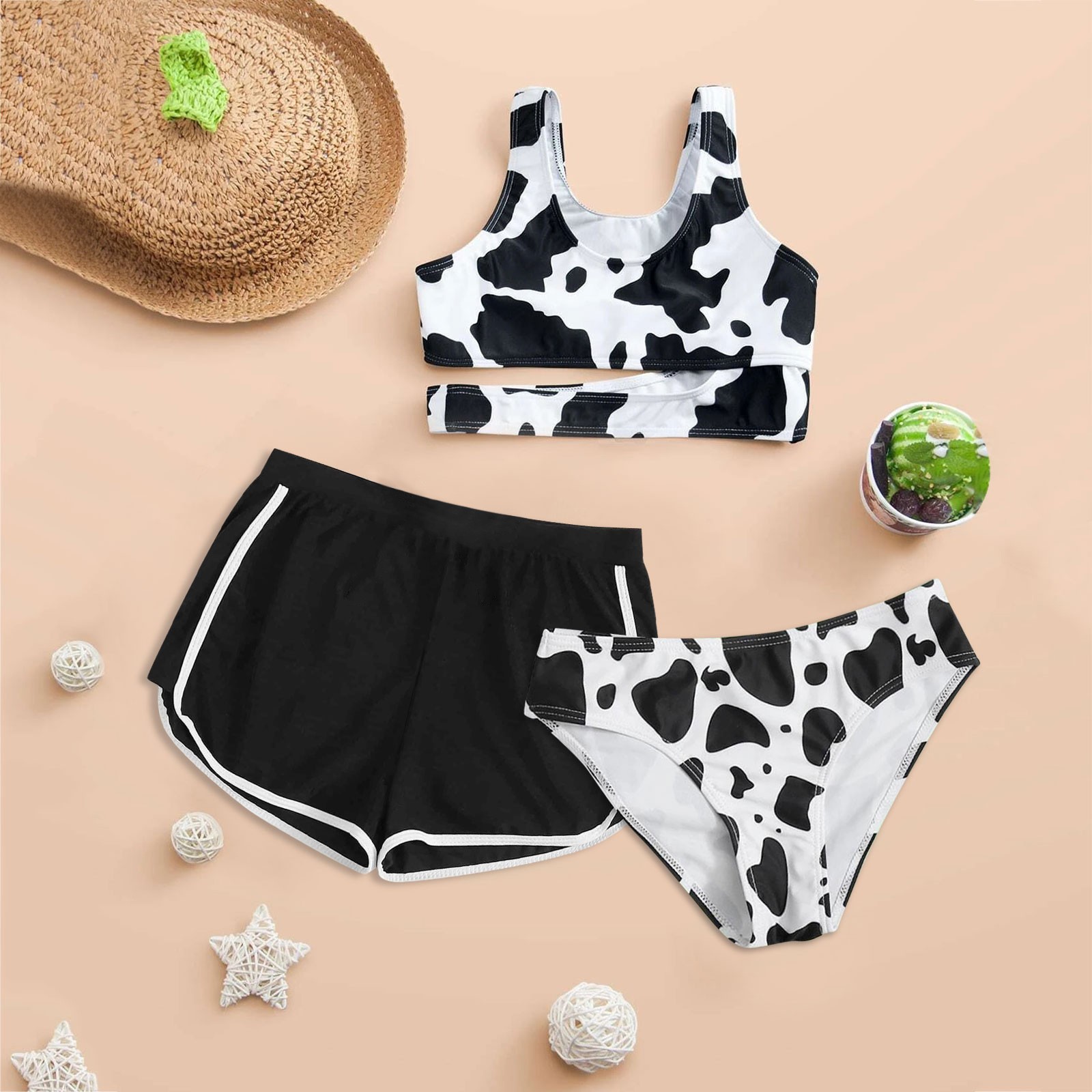 Mucca stampa floreale in costume da bagno a tre pezzi Bikini Crisscross Back Summer Cute Swimwear Bathing costoni spingi in alto con pantaloncini perizoma