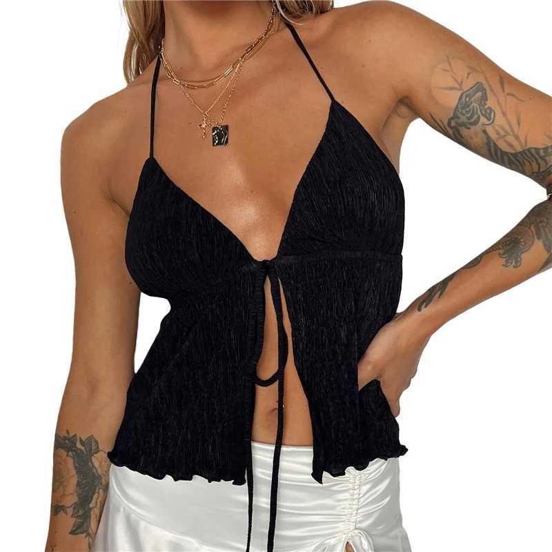 Frauen Tanks Camis Xingqing Summer Crop Top Y2K Ästhetische Frauen Vollfarbe Italienische Nudel Schultergurte ärmellose Spitzenschuhe Spitze Tank Sling Tanktop J240409