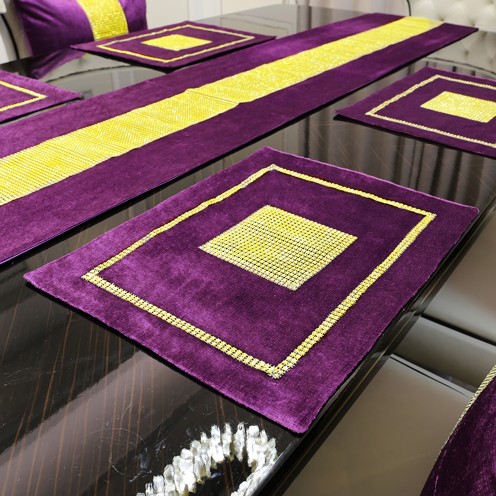 Tassel Table Runner Purple Velvet Placemat Servetten Luxury Golden Diamond Decor för bröllopsfest Dinnerbordsdekoration