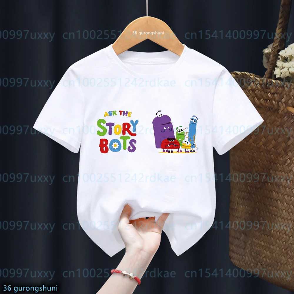 T-shirts t-shirt voor jongens grappige animatie vraag de verhaalbots cartoon print kinderen t-shirt mode jongens kleding zomer witte korte mouwen top 240410