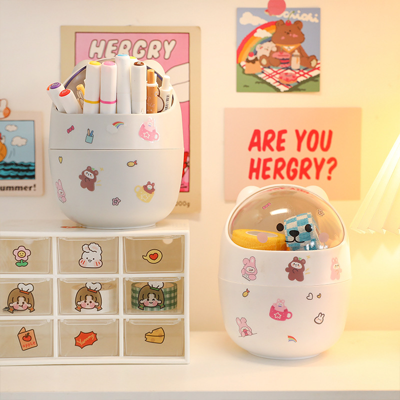 Desk Trash Can Ins Desiktop z pokrywką może mini kawaii urocze niedźwiedzia kosz na śmieci