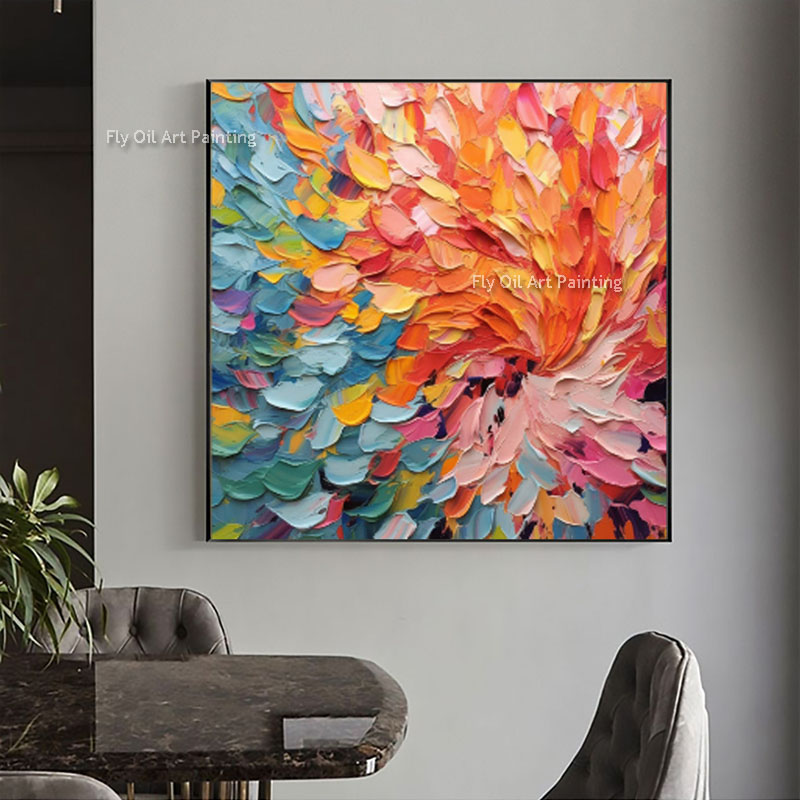 Textured Feather Oil Canvas Painting Abstract Colorful Leaves Hand Painted Wall Art Unique Living Room Decor Custom Colorful Painting Gift