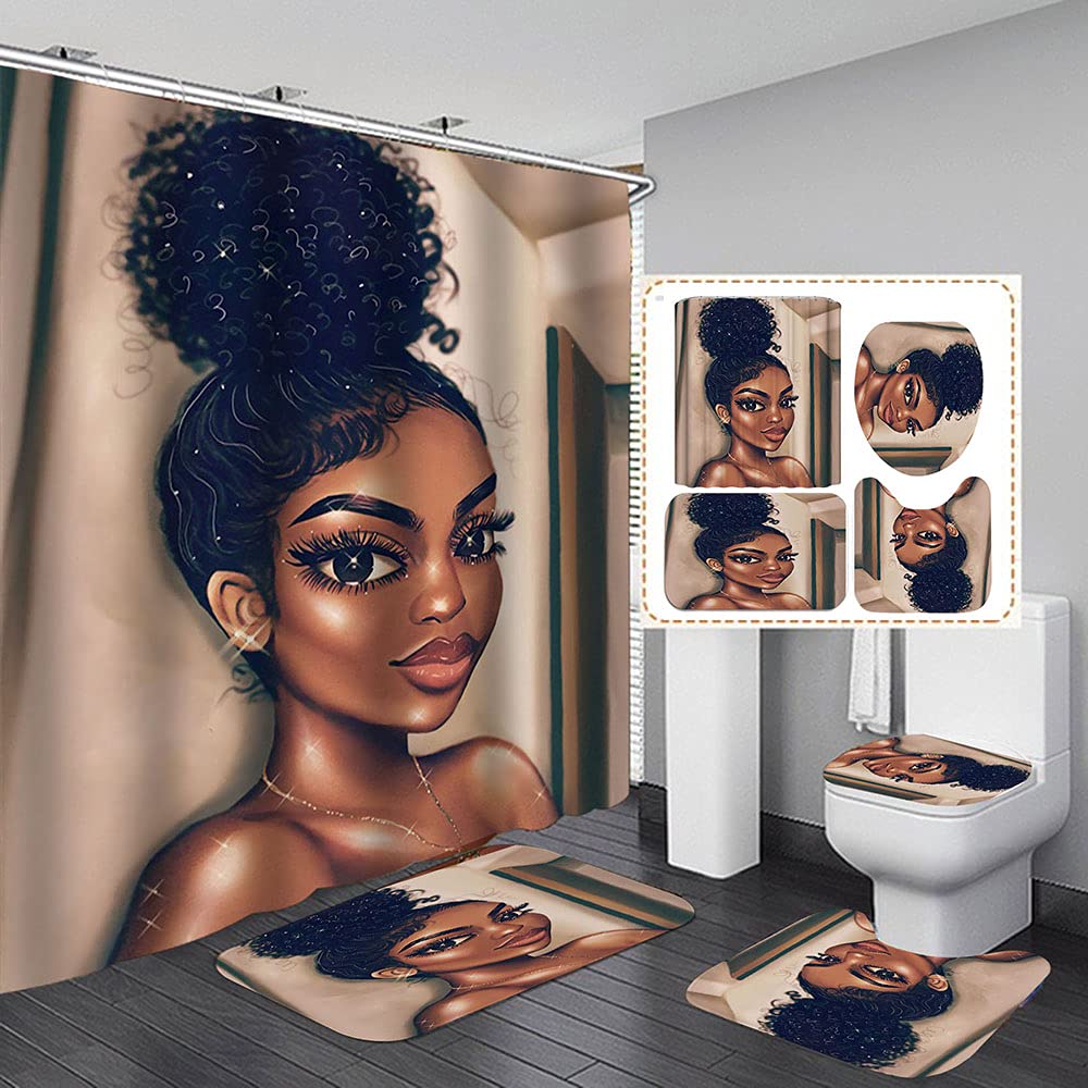 Afroamerikaner schwarzes Mädchen Polyester Duschvorhang mit Haken Badezimmer Bad Matte Nicht-Schlupf-Tee-Toilettenabdeckung Modernes Wohnkultur