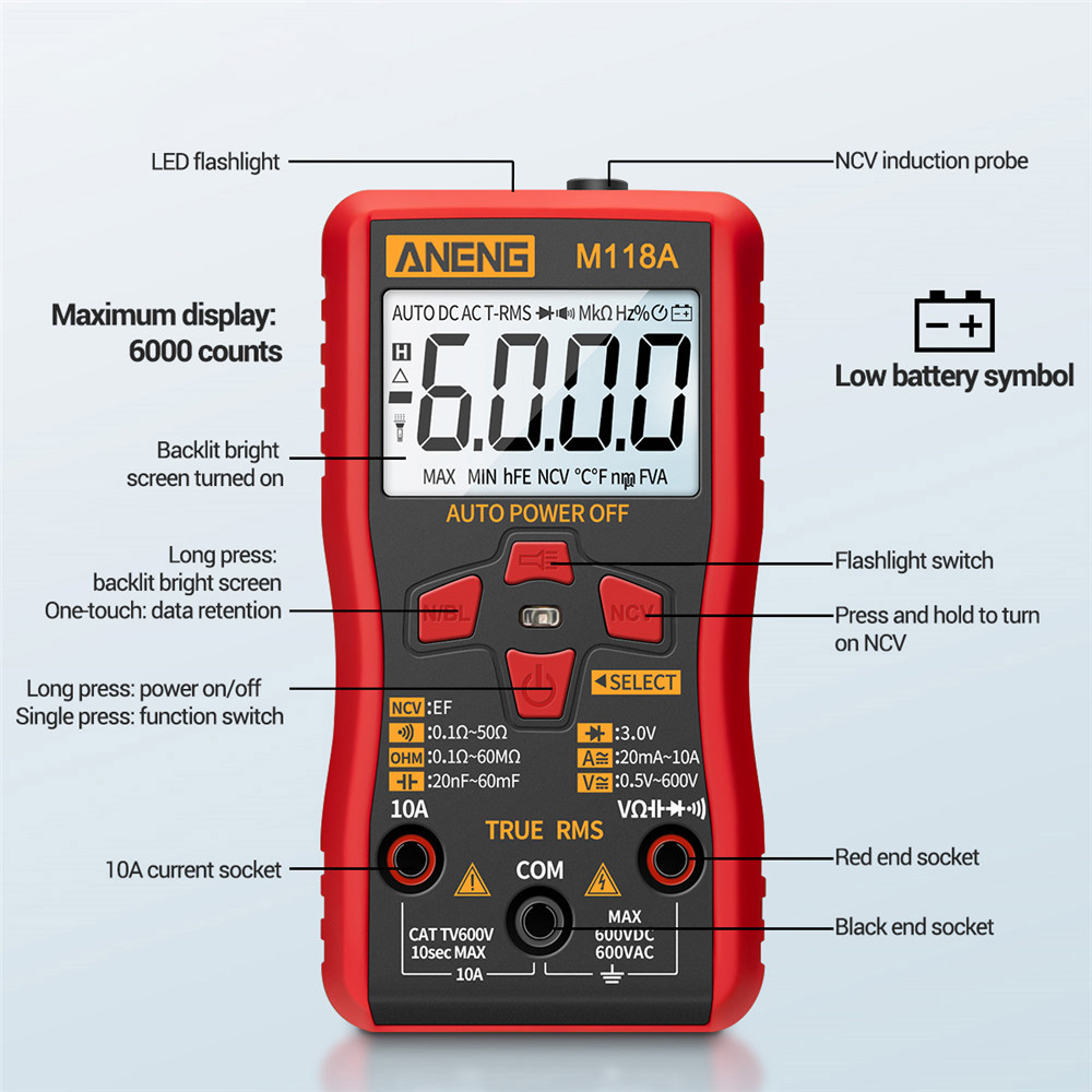 Smart Tester Digital Multimeter Flashlight M118A with NCV Data Hold Mini Auto Mmultimetro True Rms Tranistor Meter