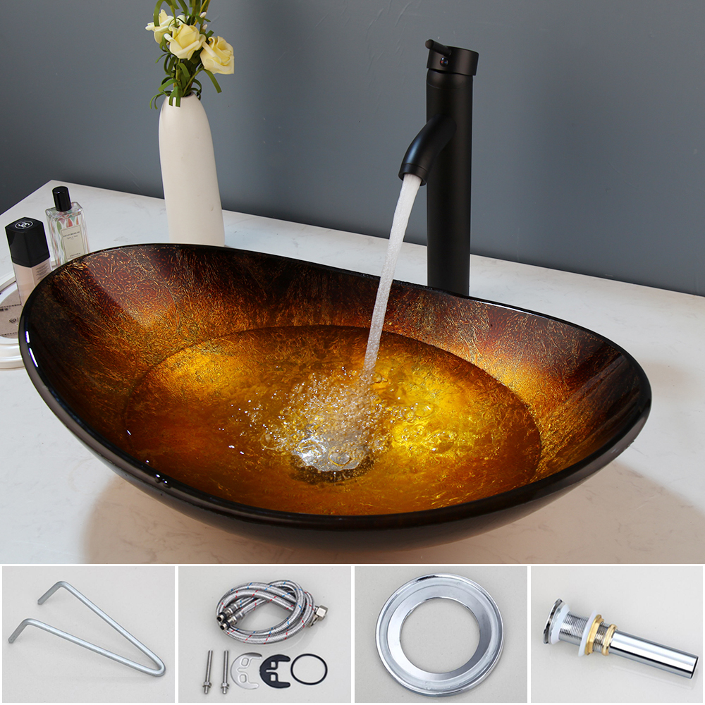 Torayvino Bathroom Countertop Tempered Glass Basin Sink Faucet Set Brass Waterfall Faucet Washroom Vessel Vanity Bar Ship