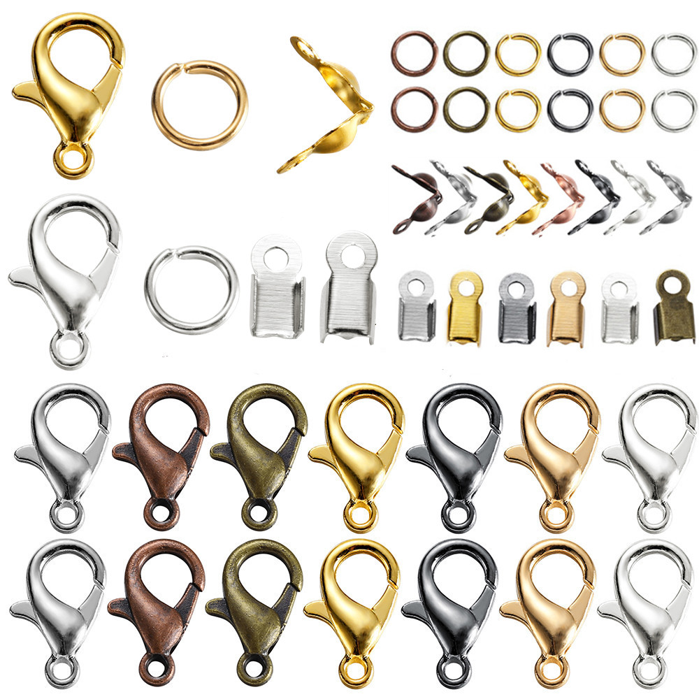 Alloy Lobster Clasp Jump Rings Leather Clip Tip Fold Crimp Connectors Clasps for DIY Bracelet Necklace Jewelry Making