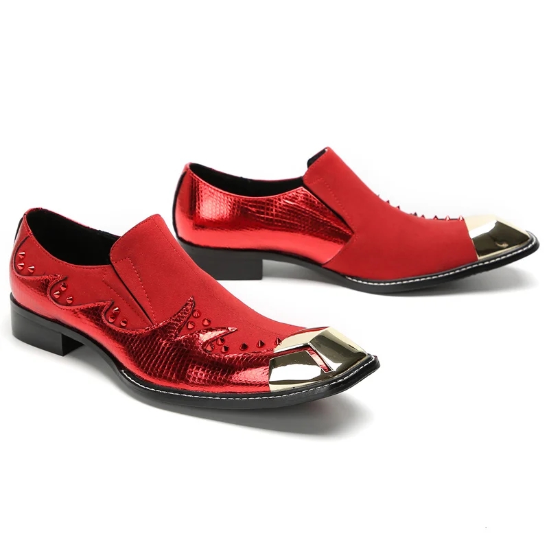 Italien Red Le cuir hommes Chaussures de mariage Gold Square Toe décor mâle oxfords talons bas patchwork Crystal chaussures zapatos caballero