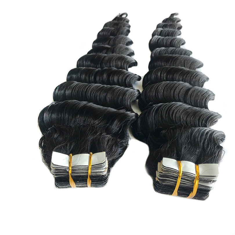 Ruban à onde profonde dans les extensions de cheveux humains malaisiens remy coiffure cutanée adhésive ruban invisible dans les cheveux 40 morceaux
