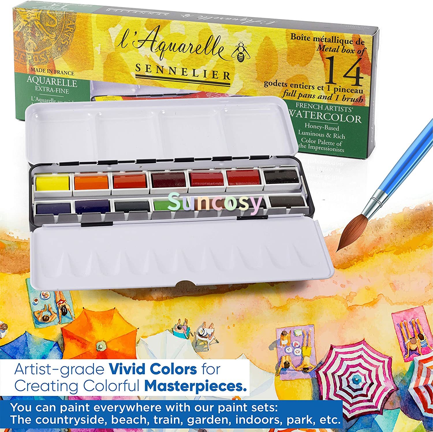 Sennelier - L'Avarelle Professional Aatercolor Paint Set 14 полных кастрюли с портативной металлической палитрой коробкой