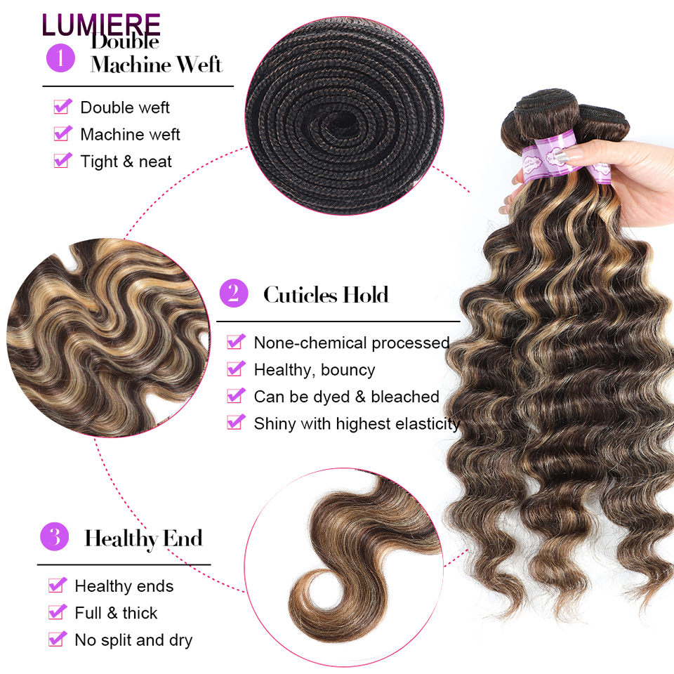 Highlight Ombre Loose Deep Wave Bundles With Closure P4/27 Peruvian Hair Weave Bundles with Frontal Closure 100% Hair Extension