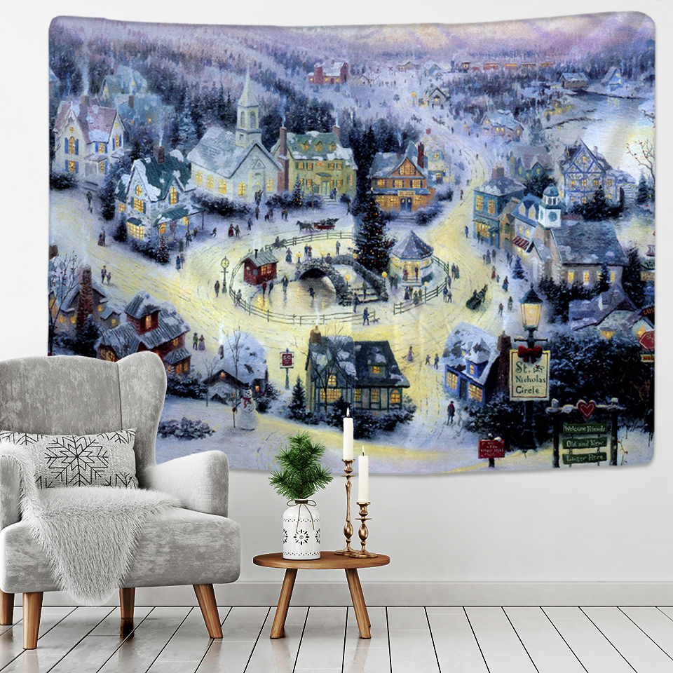 Christmas Oil Painting Tapestry Art Wall Hanging Carriage Beautiful House Tapestry Background Home Decoration