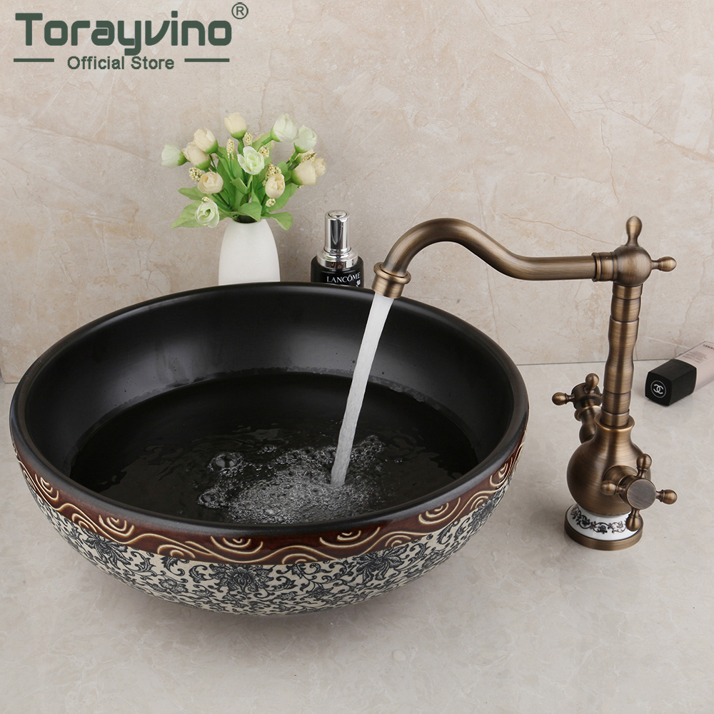 Torayvino Round Ceramic Bowl Vessel Bathroom Bower Basin Sink Antique Brass Robinets Combo Kit Mixer Papée d'eau avec drain pop-up