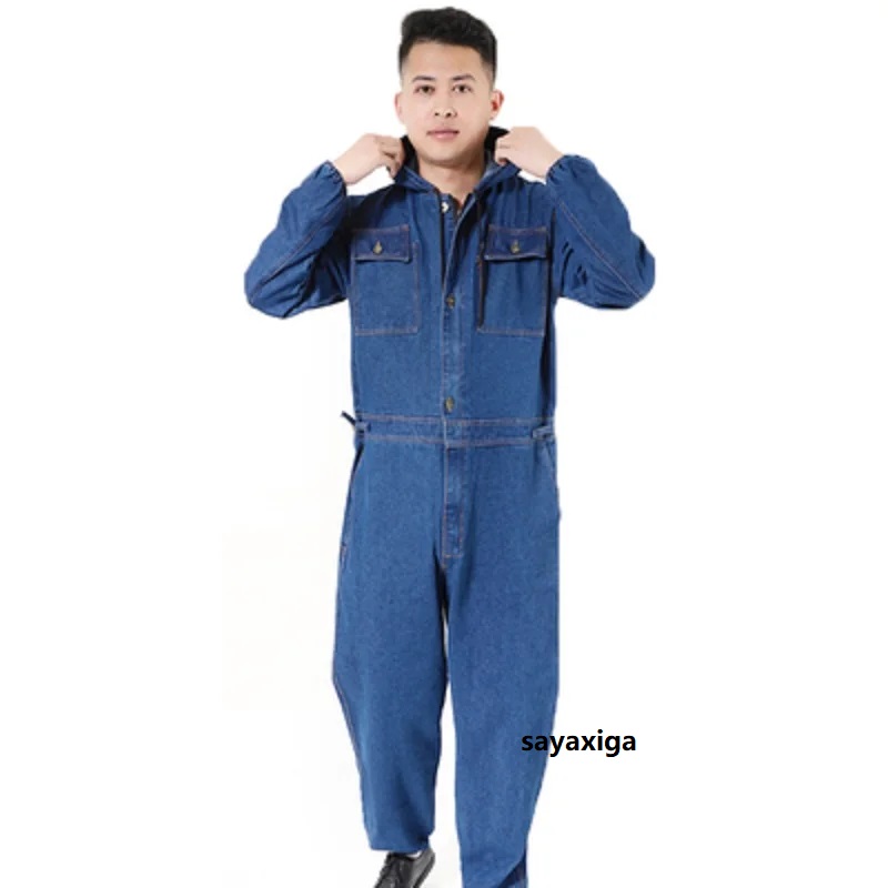 Arbetarkläder Arbetskläder övergripande denim Jumpsuit man/kvinnliga fabriksuniformer Arbetskläder Långärmad tjock huva svetsdräkt