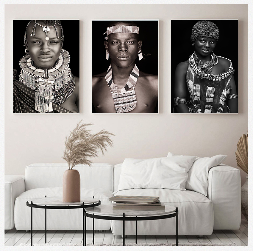 Schwarz -Weiß -Wohnzimmer Leinwand Malerei Wandbilder Quadro Cuadros Afrikanische Frauen Mann Wandkunst Porträt Home Dekoration