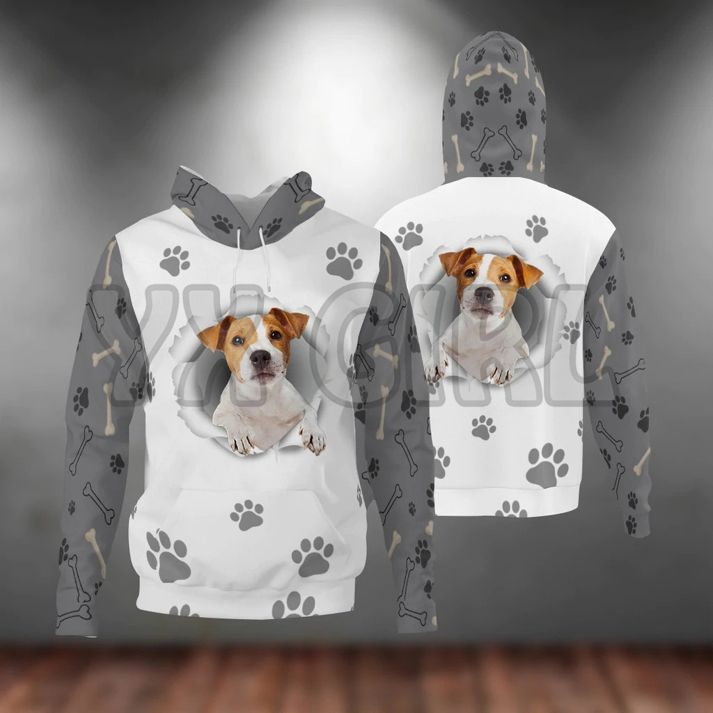 Jack Russell Terrier-Paw Dog 3D Hoodies unissex Pullovers engraçados com capuz de cachorro Capuz de rua casual