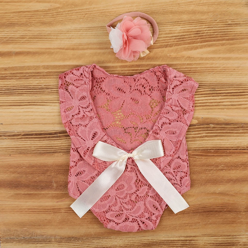 24be Baby Bow Lace Romper Zestaw opaski na głowę Nowonarodzone fotografię Props Bodysuit Hair Band