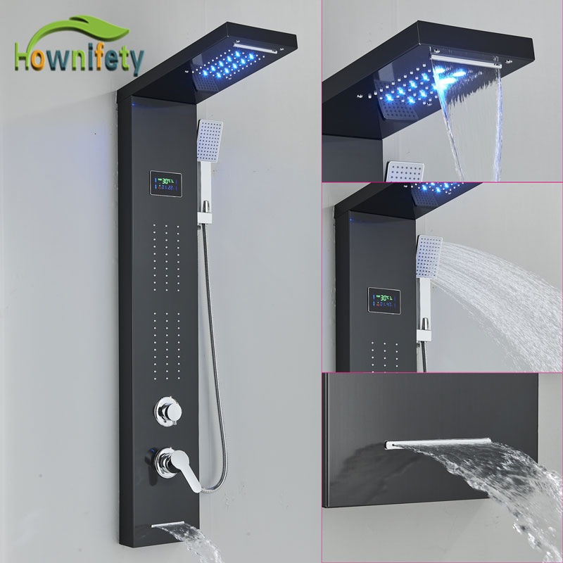 LED BAMBRUM Dusch Pannel Faucet varmt kallt regn Vattenfall utlopp massage Back Spray Wall Mount Led Display Screen Abs Handhe