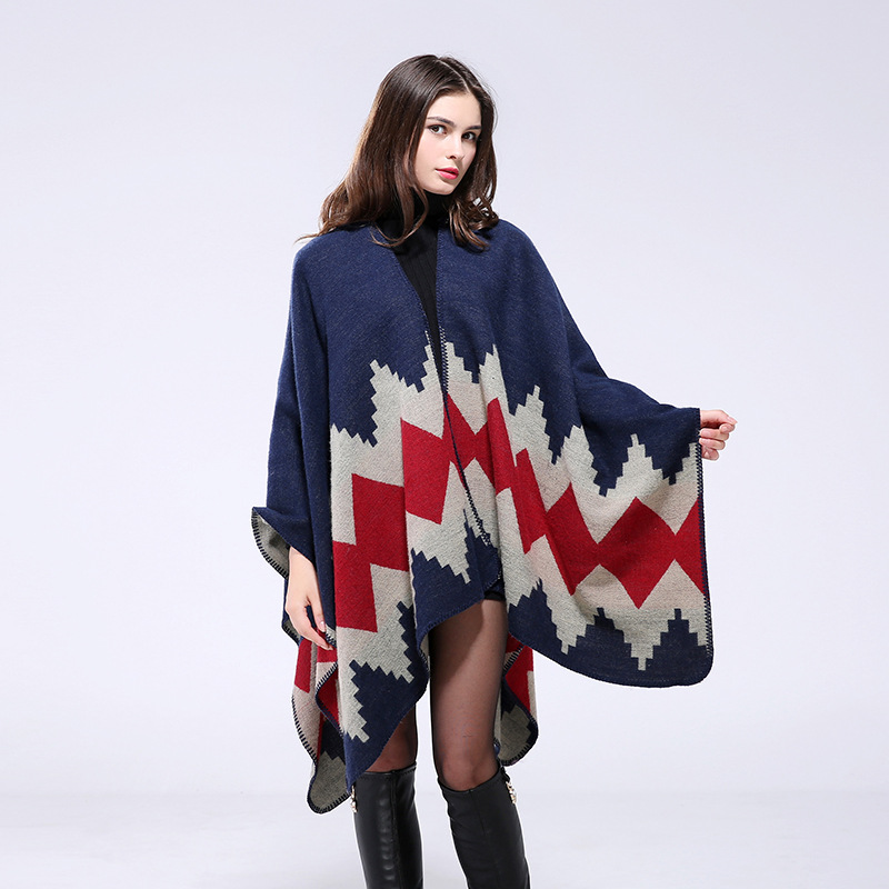 Женская зима обратимая негабаритная общая упаковка на мысе российский национальный стиль геометрический рисунок открытый передний пончо кардиганы шали