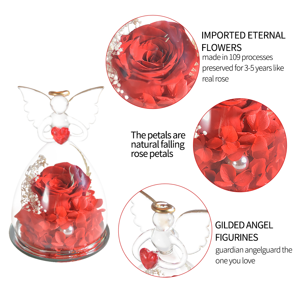 Engel Figuren Real erhaltene Rose im Engel Glas Cover Ewige Blumen Geschenke für Hochzeit Geburtstag Mutter Valentinstag Jubiläum