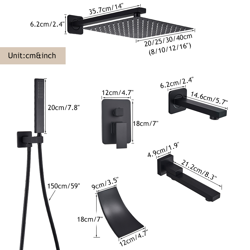 Matt svart dold duschuppsättning inbäddad patrondusch kran kit regnfall duschhuvud 2/3 sätt system rotera badblandare kran