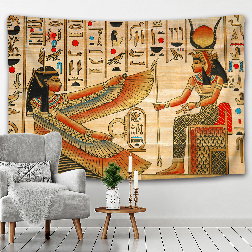 Antico parete di arazzi egiziano giallo sospeso, antico carta da parati di arazzi egiziani di cultura egiziana, tappeti vintage