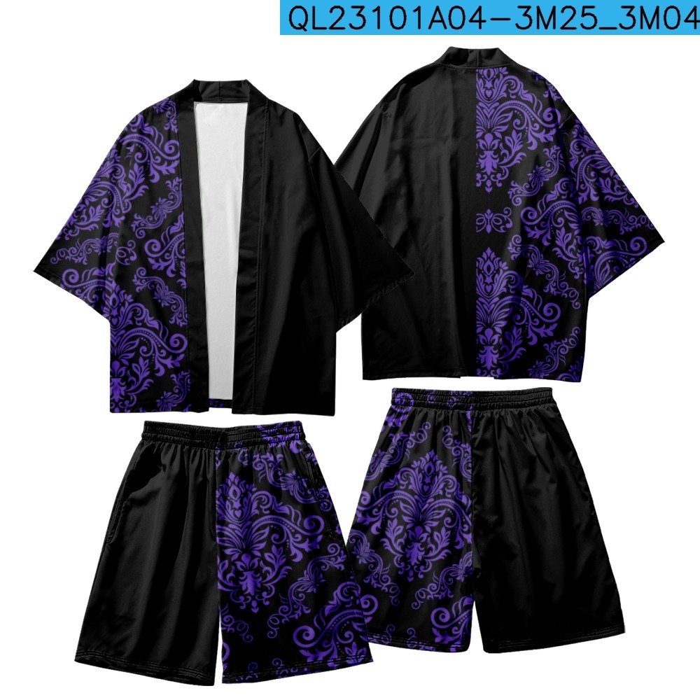 Fleurs de cajou imprimées couples noirs femmes hommes japonais kimono cardigan lâche décontracté et short de plage fixer des vêtements asiatiques harajuku