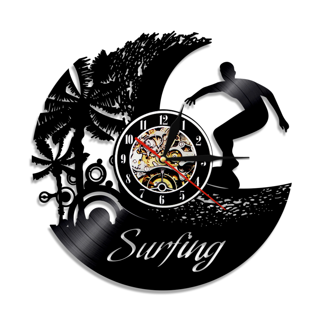 Hawaii Surfing Water Sports Vinyl Record Wall Clock Modern Design Windsurfing Home Decor Wall Watch for Water Sport Lover Gift