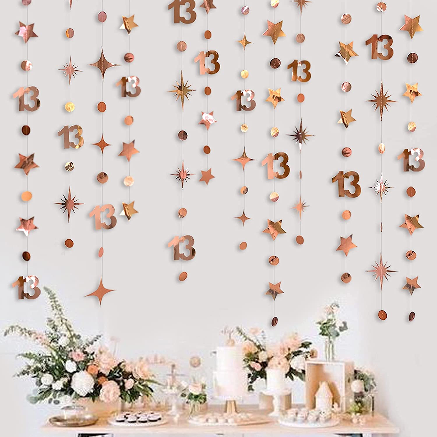 13ft Rose Gold Girls 13th Birthday Decorations Number 13 Circle Pricks Twinkle Star Garlands Backdrop för 13 -årig festdekor