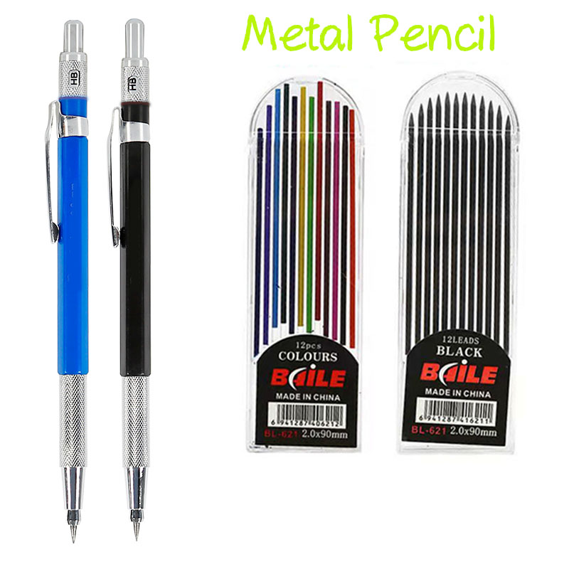 Metal Mechanical Pencil 2.0 Mm 2B Black Color Lead Holder Drafting Drawing Set With Leads Writing School Gift Stationery