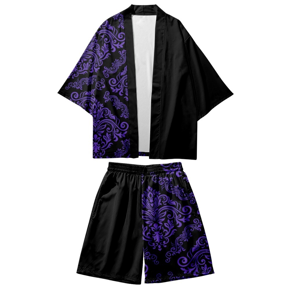 Fleurs de cajou imprimées couples noirs femmes hommes japonais kimono cardigan lâche décontracté et short de plage fixer des vêtements asiatiques harajuku