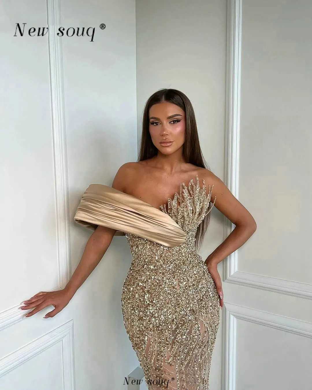 Urban Sexy Dresses 2024 Champagne Long Sequins Evening Dresses One Shoulder Handmade Beaded Vestidos De Noche Sexy Sleeveless Party Gowns for Women 24410