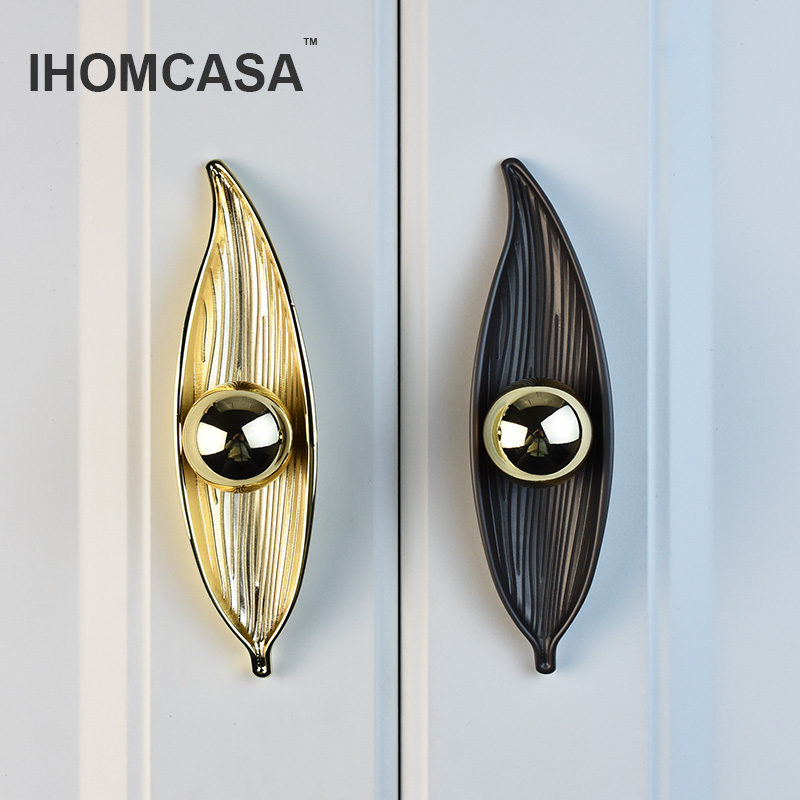 IHOMCASA Gold Black Tree Leaf Shape Kitchen Furniture Handles Cabinet Knob for Wardrobe Drawer Door Pulls Vintage Brass European