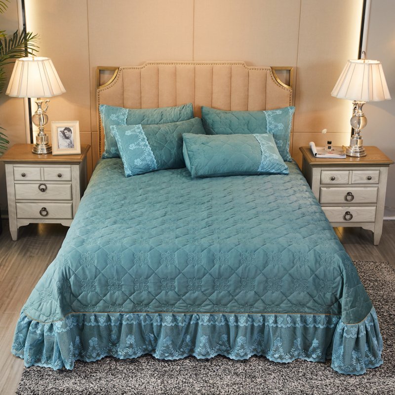 Kant Kristal Fluwelen Sprei Blauw Groen Gewatteerde Matrashoes Laken Europa Solid Thicken Warme Deken Koningin Thuis Textiel