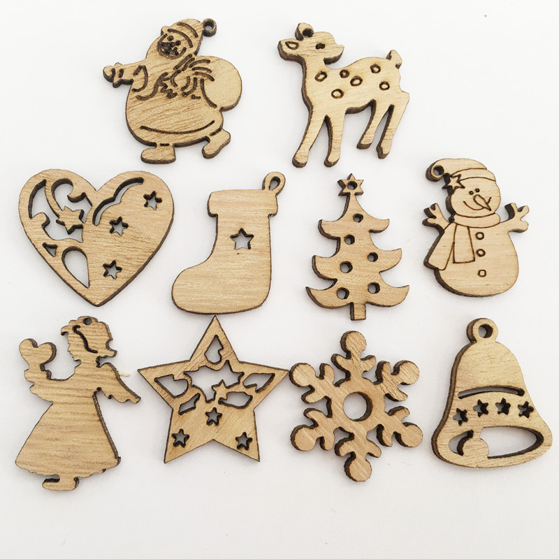 50st Natural Wood Christmas Ornaments Pendant Hanging Gifts Elk Deer Snowflake Xmas Tree New Year Party Decorations For Home