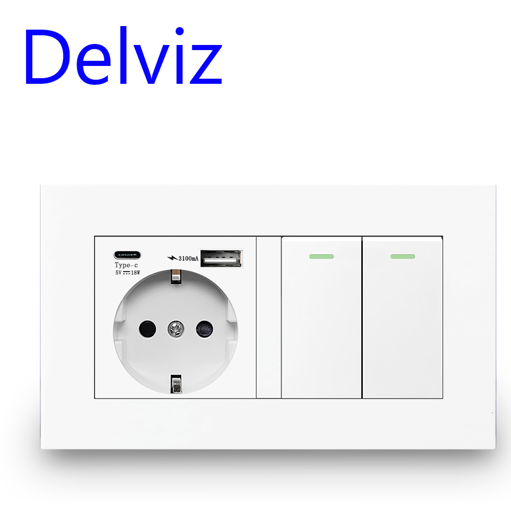 Delviz Wall USB dubbele socket, plastic paneel witte kwaliteit, 5V 2100MA met USB -poorten, 146 mm*86 mm, EU Standaard Type C Power Outlet